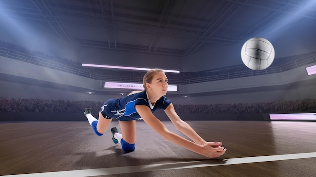 Female professional volleyball players in action on 3d stadium