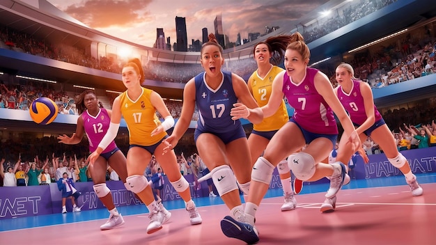 Female professional volleyball players in action on 3d stadium