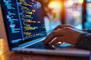 Photo female programmer coding on laptop in a dimly lit room