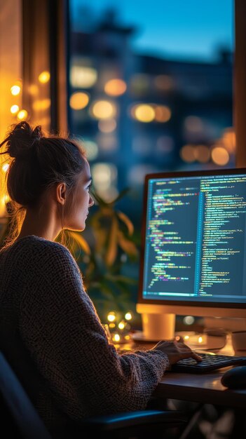 female programmer coding at night with illuminated cityscape view through the window represents latenight software development and programming focus