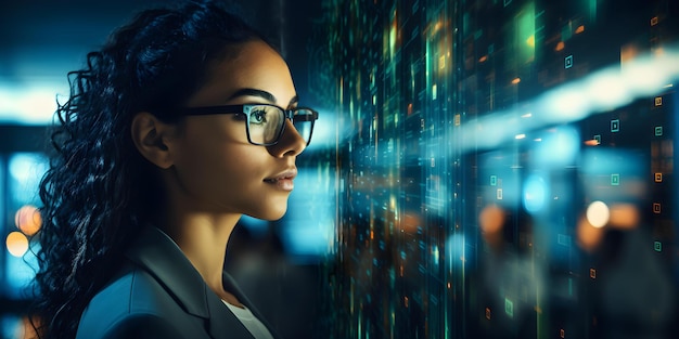 a female programmer in a futuristic data center immersed in analyzing digital data concept coding in the future female programmer data analysis futuristic data center technology immersion