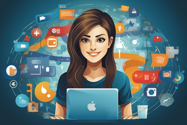 Женщина-программистка с ноутбуком и разнообразными цифровыми иконами