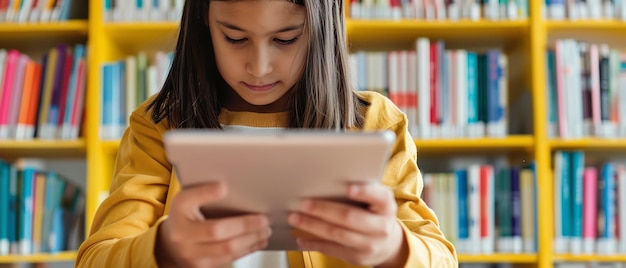 Photo a female pupil using a tablet to navigate an instructional course or library space generative ai