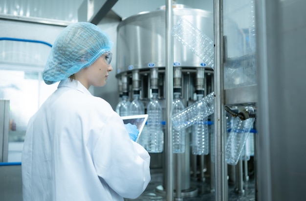 Female quality control worker inspecting water bottle on production line in drinking water factory