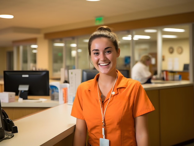 Foto le receptionist dell'ospedale sono pronte a servire con un sorriso.