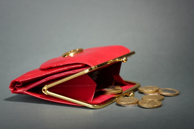 Female red wallet with coins on grey background