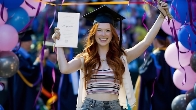 Female redhead graduate student with diploma smiling copyspace