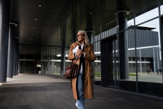 A female research analyst at a bank or brokerage firm is walking along the road to the office with a