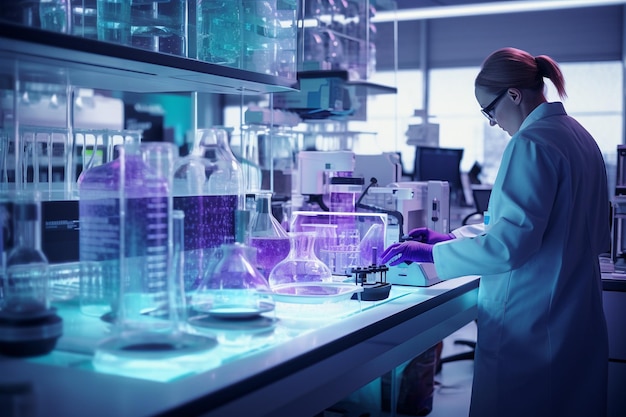 Female researcher carrying out scientific research in a lab with AI generated