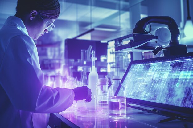 Female researcher carrying out scientific research in a lab with AI generated