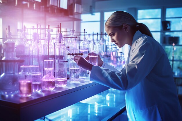 Female researcher carrying out scientific research in a lab with AI generated