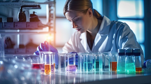 Female researcher working in a science laboratory Cropipette containing test tubes in a large modern laboratory