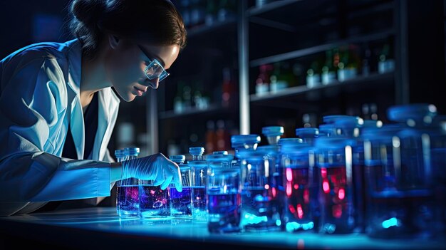 Female researcher working in a science laboratory Cropipette containing test tubes in a large modern laboratory