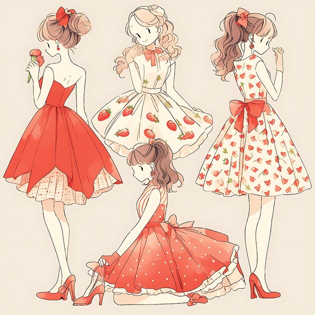 Female Retro Pin Up Wedding Dress Tea Length Red Polka Dots Cozy Fairy Tale Anime Vintage Concept