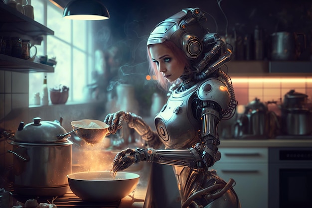 Female robot cooks in kitchen humanoid AI android stands by stove generative AI