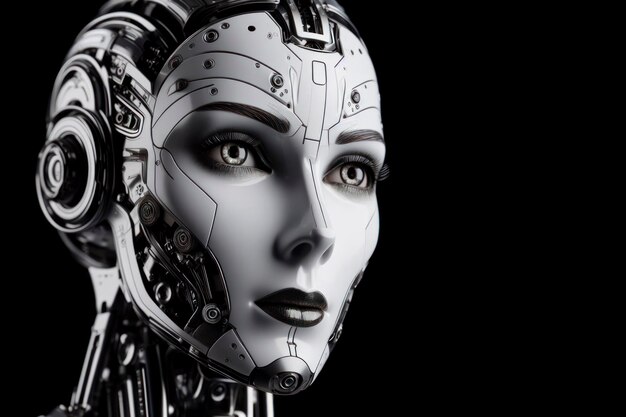 Female robot face Artificial intelligence concept black background ai generative