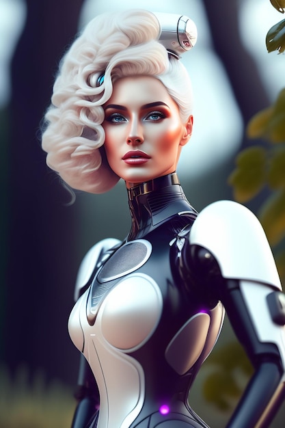 A female robot model with blonde hair and a silver hair.