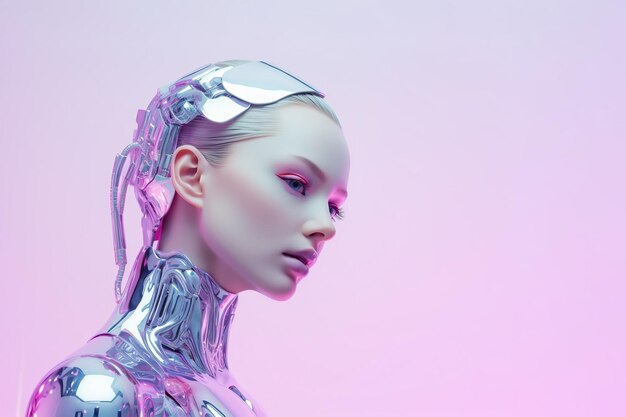 Foto robot femminile su sfondo rosa intelligenza artificiale e concetto futuro ia generativa