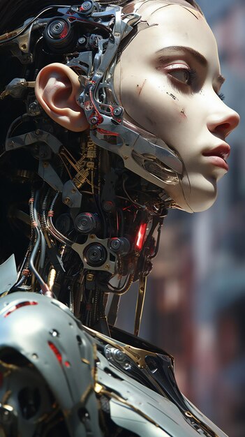 A female robot with artificial intelligence in the background