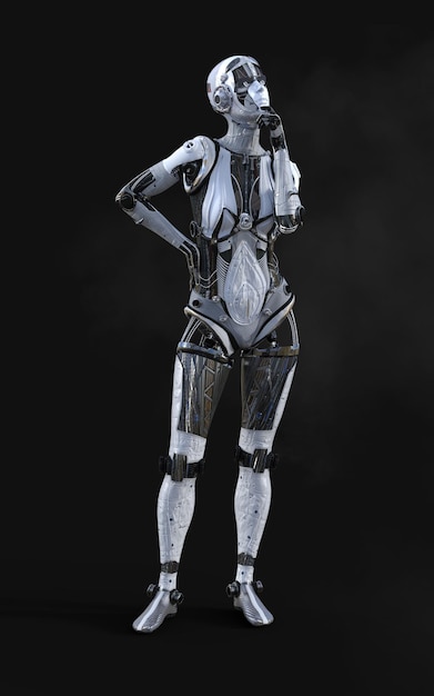 a female robot with a black background and the word robot on it.