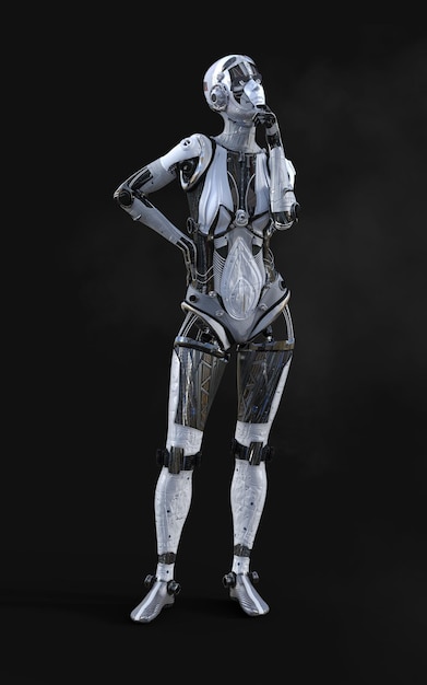 A female robot with a black background and the word robot on it.