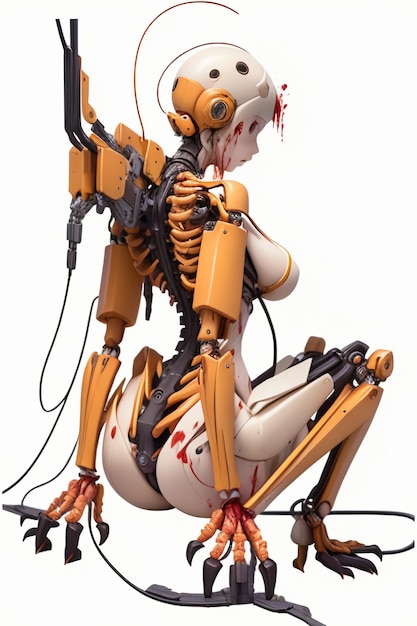 A female robot with a bloody face sits on a white background.