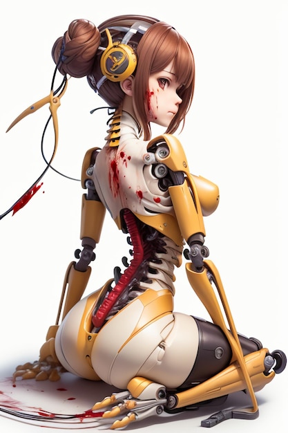 A female robot with a bloody knife on her back