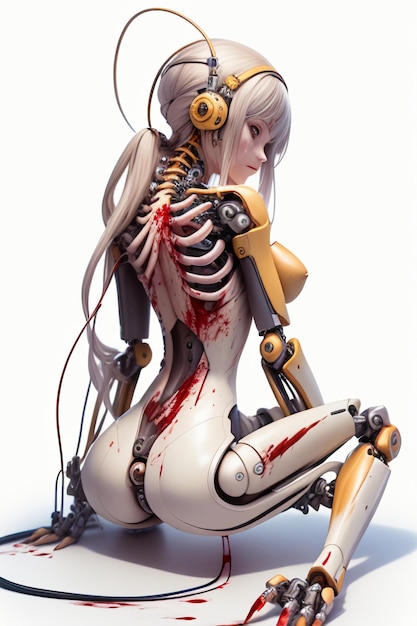 등에 피 묻은 골격이 있는 여성 로봇
