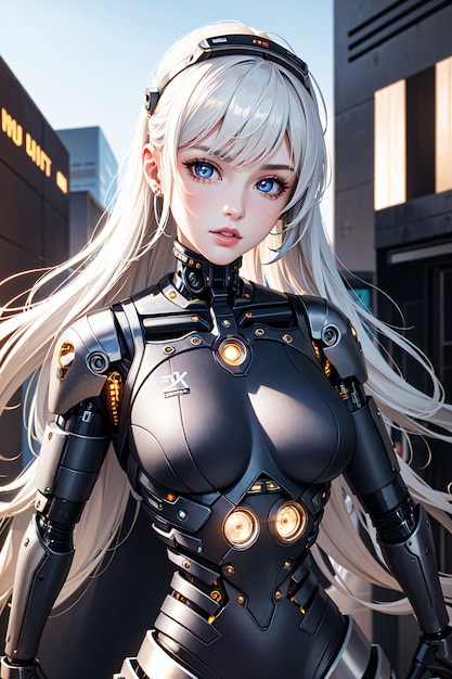 青い目と黒いヘッドバンドをした女性ロボット