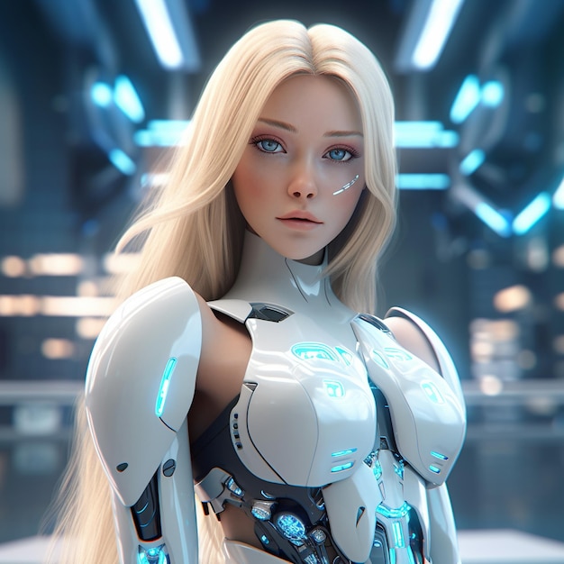 a female robot with a blue eyes and a white face.