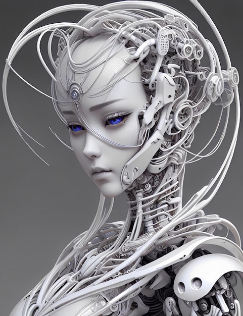 A female robot with blue eyes and a white hair.