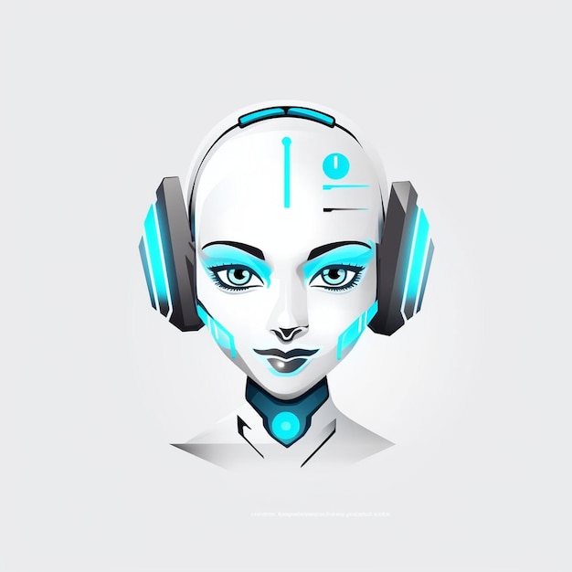 A female robot with blue eyes and a white headdress