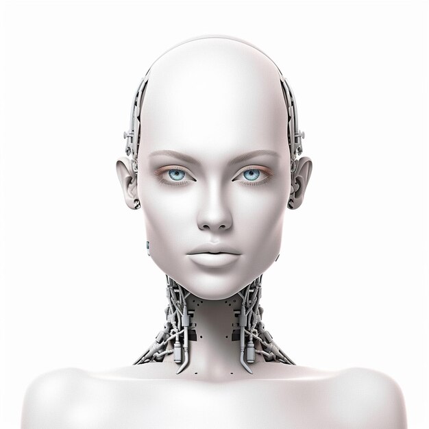 A female robot with blue eyes and a white headdress