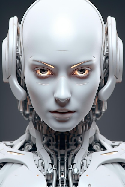 Photo a female robot with blue eyes and a white headdress