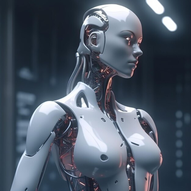 A female robot with blue eyes and a white headdress