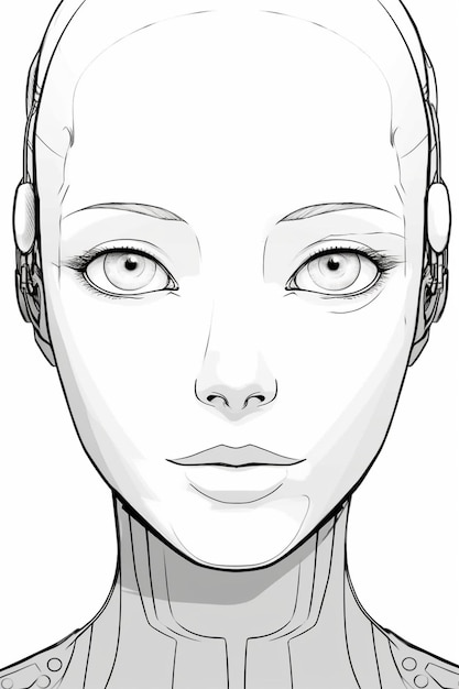 A female robot with blue eyes and a white headdress