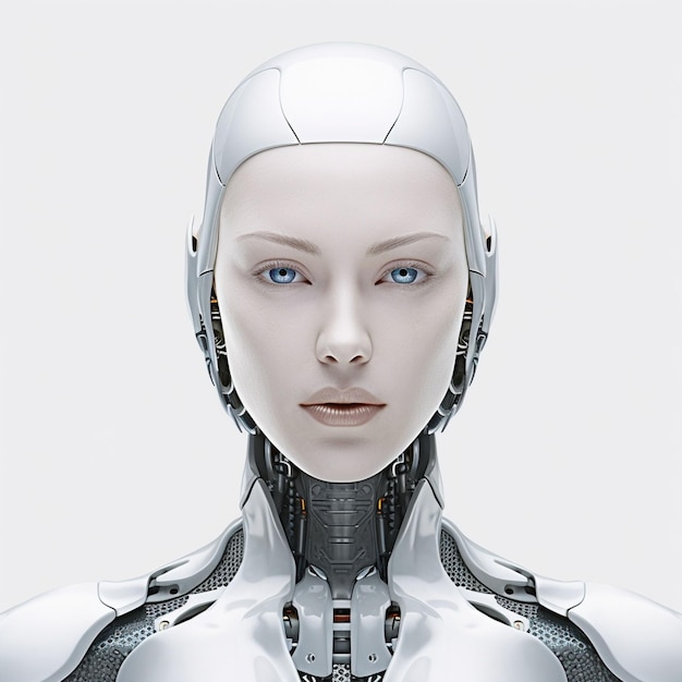 A female robot with blue eyes and a white headdress