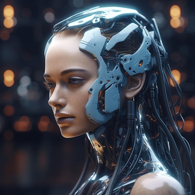 A female robot with blue eyes and a white headdress