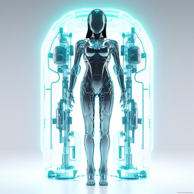 A female robot with blue eyes and a white headdress