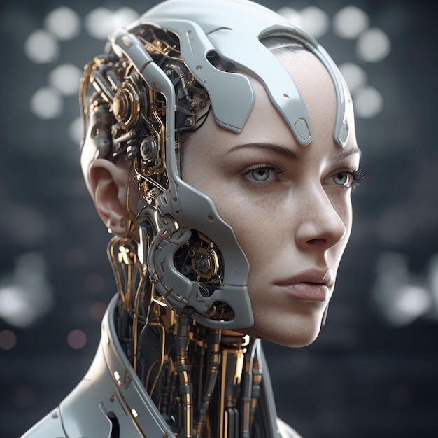 A female robot with blue eyes and a white headdress