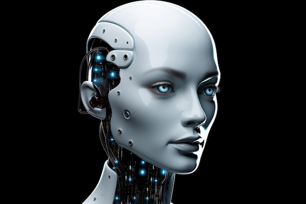 A female robot with blue eyes and a white headdress