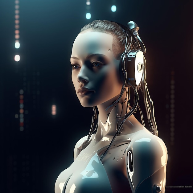 A female robot with blue eyes and a white headdress