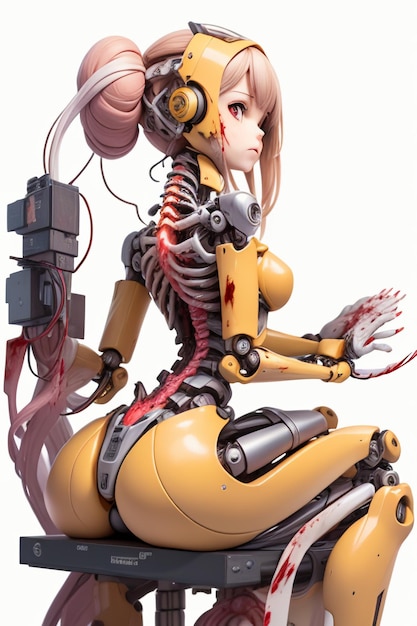 A female robot with a broken arm and a skeleton on the back.