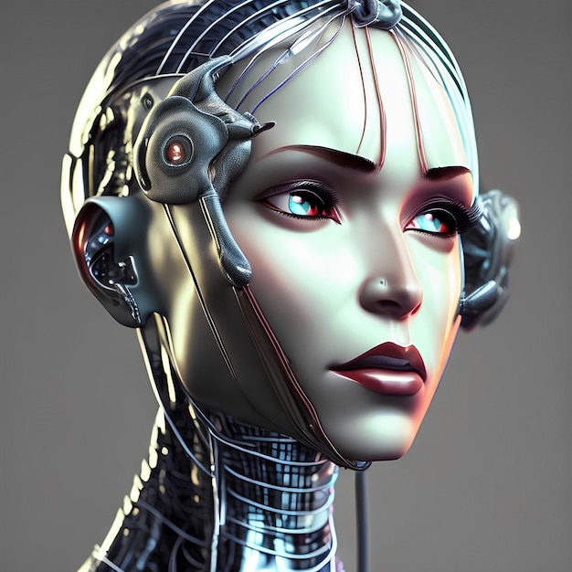 A female robot with a face that says robot on it.