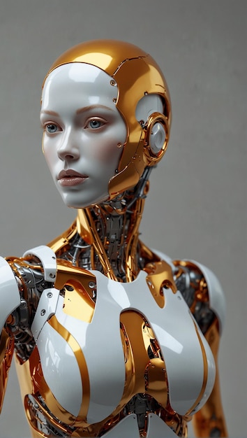 a female robot with a gold body and a white body