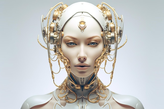 A female robot with gold and silver headdress and gold headdress.