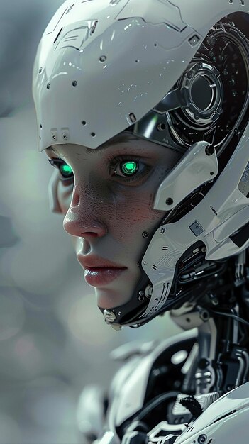 a female robot with green eyes and a green eye