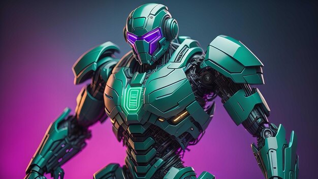 Photo a female robot with green suit isolated on purple background generative ai