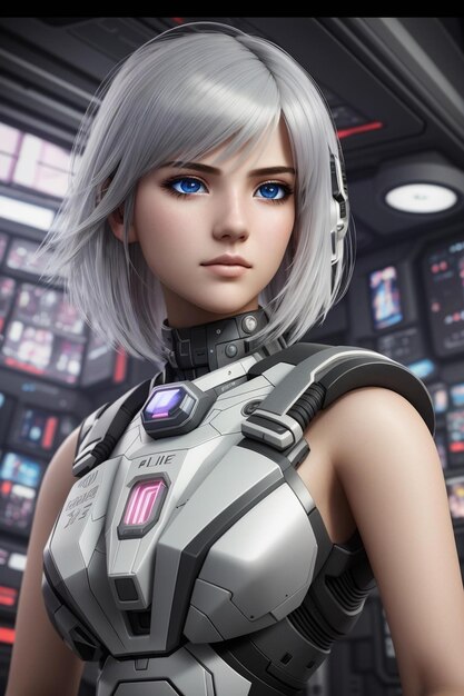 A female robot with a grey haircut and a blue eyes.