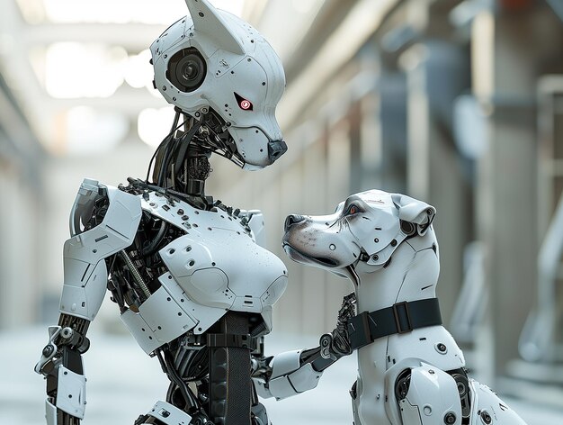 Photo female robot with her robotic dog artificial intelligence smart machine robot cyber pet friend